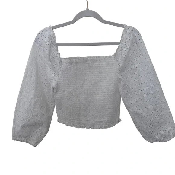 Love Tree White Eyelet Crop Top Smocked Square Neck Long Sleeve Coquette Large - Picture 1 of 13